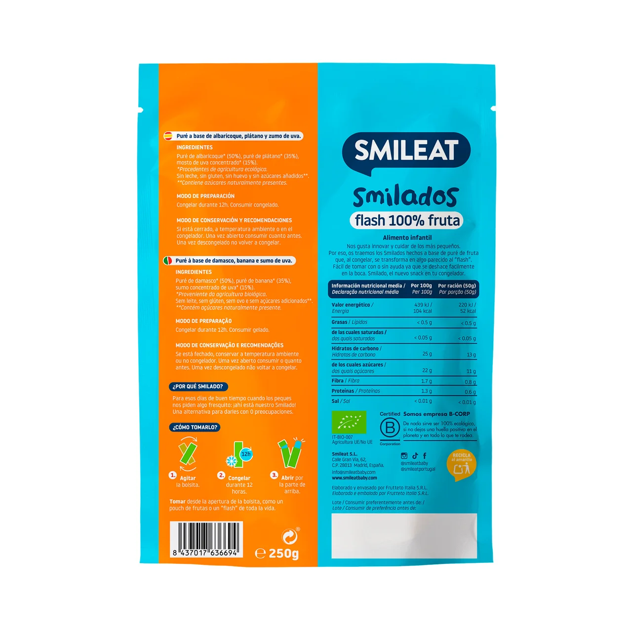 SMILEAT Flash 100% de fruta ecológica (albaricoque y plátano), sin azúcares añadidos, a partir de 6 meses 5 x 50 g.