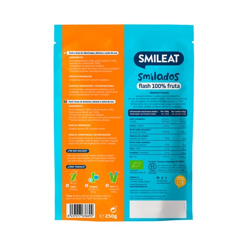 SMILEAT Flash 100% de fruta ecológica (albaricoque y plátano), sin azúcares añadidos, a partir de 6 meses 5 x 50 g.