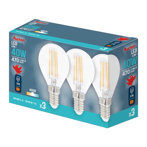 Pack de 3 bombillas Led E14, 4,3W=40W, luz blanca, 470lm, PRODUCTO ALCAMPO.