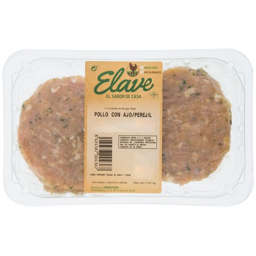 ELAVE Bandeja de hamburguesas de pollo (solo carne de pollo) con ajo y perejil 4 x 80 g.