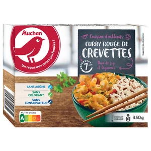 AUCHAN Dúo de curry de camarones rojos y arroz con verduras 350 g Producto Alcampo. Arroz basmati y rojo cocidos, con verduras, camarones pelados y curry rojo 350 g.