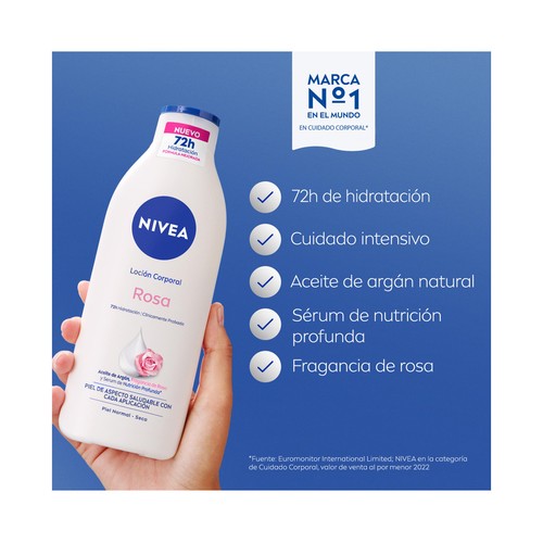 NIVEA Loción corporal (body milk) hidratante con aroma a rosa, pieles normales a secas 400 ml.