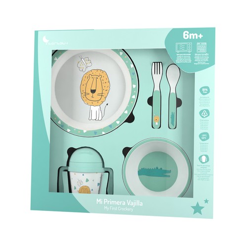 Vajilla de 5 piezas para bebé, apta para el microondas, INTERBABY Mint león.