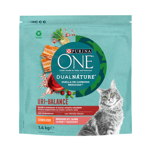 PURINA One dual nature Alimento para gatos adultos esterilizados, que ayuda a mantener el tracto urinario saludable 1.4 kg.