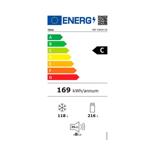 Frigorífico combi 185cm TEKA RBF 64660 Inox, NO FROST, clasificación energética: C, H: 185cm, A: 59,5cm, F: 70cm, capacidad total: 334L.