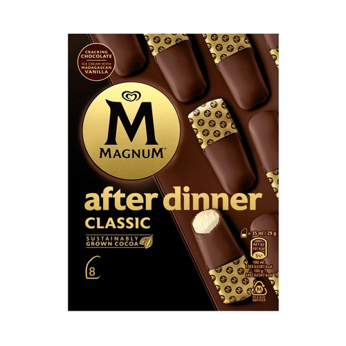 MAGNUM After dinner classic de frigo helado de vainilla cubierto de chocolate con leche 8 x 35 ml.