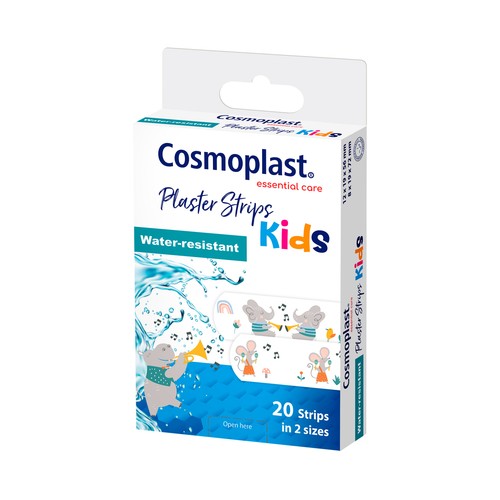 Apósitos de 2 tamaños diferentes con simpáticos y divertidos dibujitos COSMOPLAST Kids 20 uds.