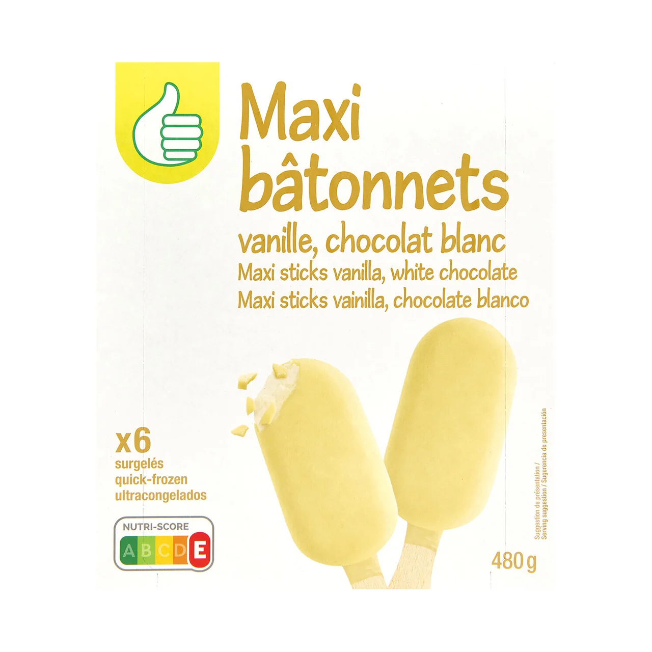 PRODUCTO  ALCAMPO Bombon helado de vainilla recubierto de chocolate blanco 6 x 120 ml.