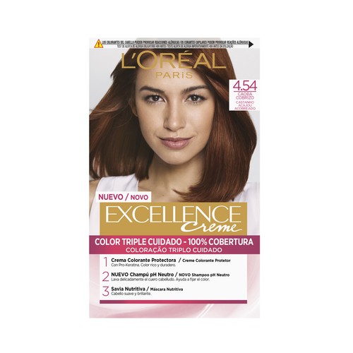 Tinte de pelo permanente tono 4.54 Caoba cobrizo L´ORÉAL PARIS Excellence creme.