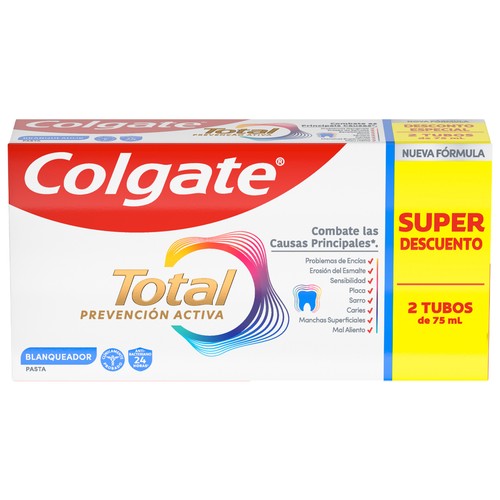 COLGATE Total prevención activa blanqueadora Pasta de dientes con acción blanqueante 2 x 75 ml.