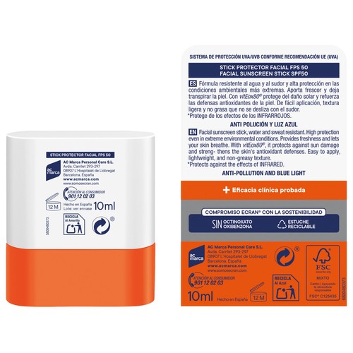 ECRAN Sunnique sport Protector solar facial en stick con FPS 50 (muy alto) 10 ml.