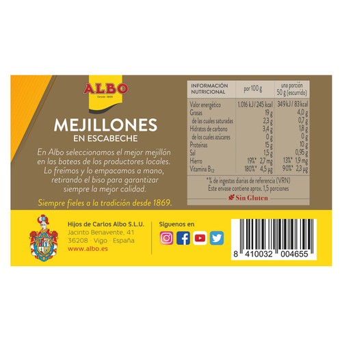 ALBO Mejillones en escabeche hasta 15/19 piezas 115 g.