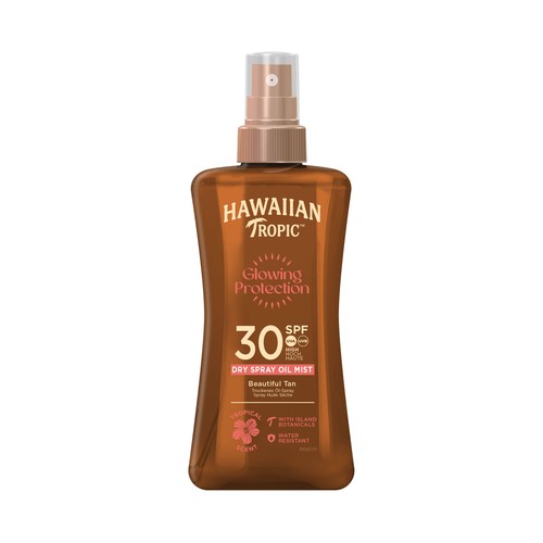 HAWAIIAN TROPIC Glowing protection Aceite solar seco en spray con coco y aceite de argán y FPS 30 (alto) 100 ml.