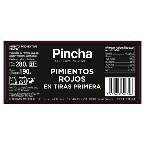 PINCHA Pimiento rojo en tiras frasco 280 gr.