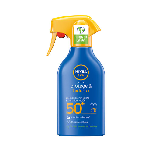 NIVEA Sun Protector solar en spray con acción protectora e hidratante y factor protección 50+ (muy alto) protege & hidrata 270 ml.