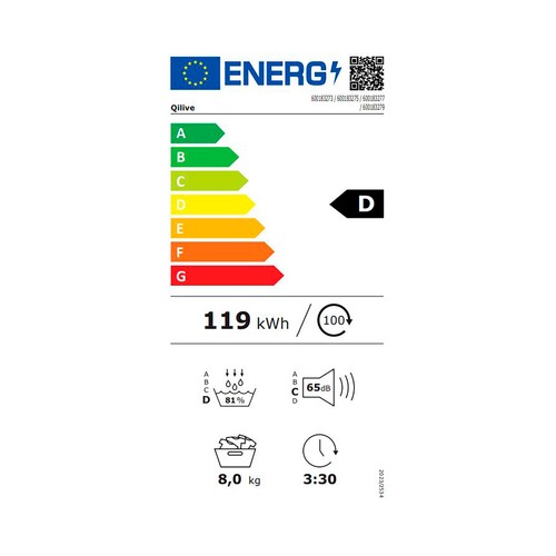 Secadora por condensación con bomba de calor 8KG QILIVE Q6273, capacidad de secado: 8KG, clasificación energética: D, H: 84,5cm, A: 60cm, F: 59,5cm.