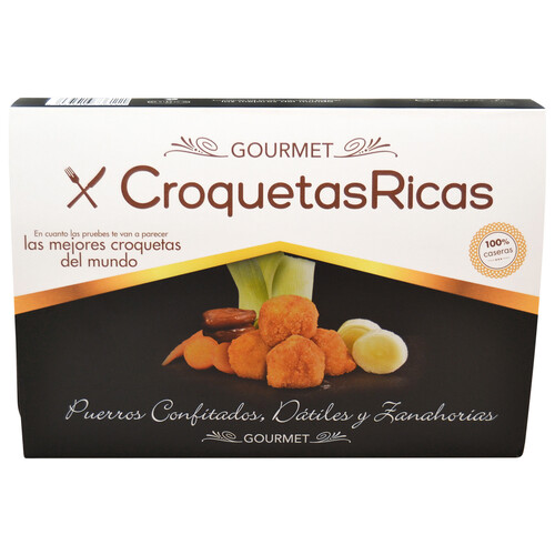 CROQUETAS RICAS Croquetas 100% caseras, ultracongeladas y rellenas de puerro confitado, dátiles y zanahorias Gourmet 300 g.