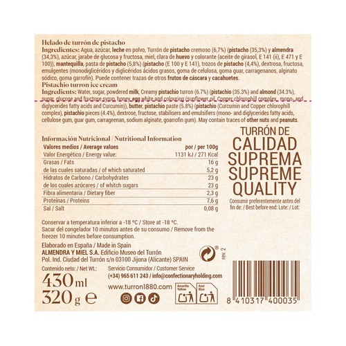 1880 Tarrina de helado de turrón de pistacho 430 ml.
