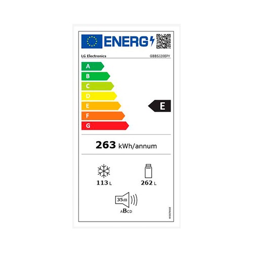 Frigorífico combi 203cm LG GBBSJ20EPY Inox antihuellas NO FROST, clasificación energética: E, H: 203cm, A: 59,7cm, F: 67,5cm, capacidad total: 375L.
