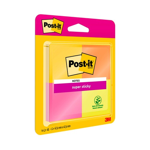 Taco de 75 notas adhesivas cuadradas rosas, amarillas o verdes, Super Sticky POST-IT.