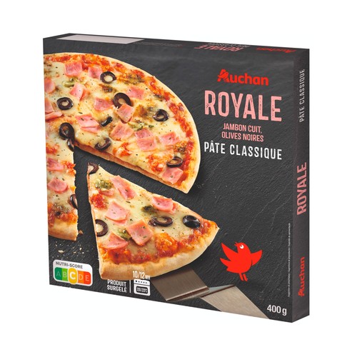 AUCHAN Pizza congelada de masa fina con jamón y champiñones 365 g. Producto Alcampo