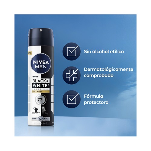 NIVEA Black & white invisible epic night Desodorante en spray para hombre, antitranspirante 72 horas 250 ml.
