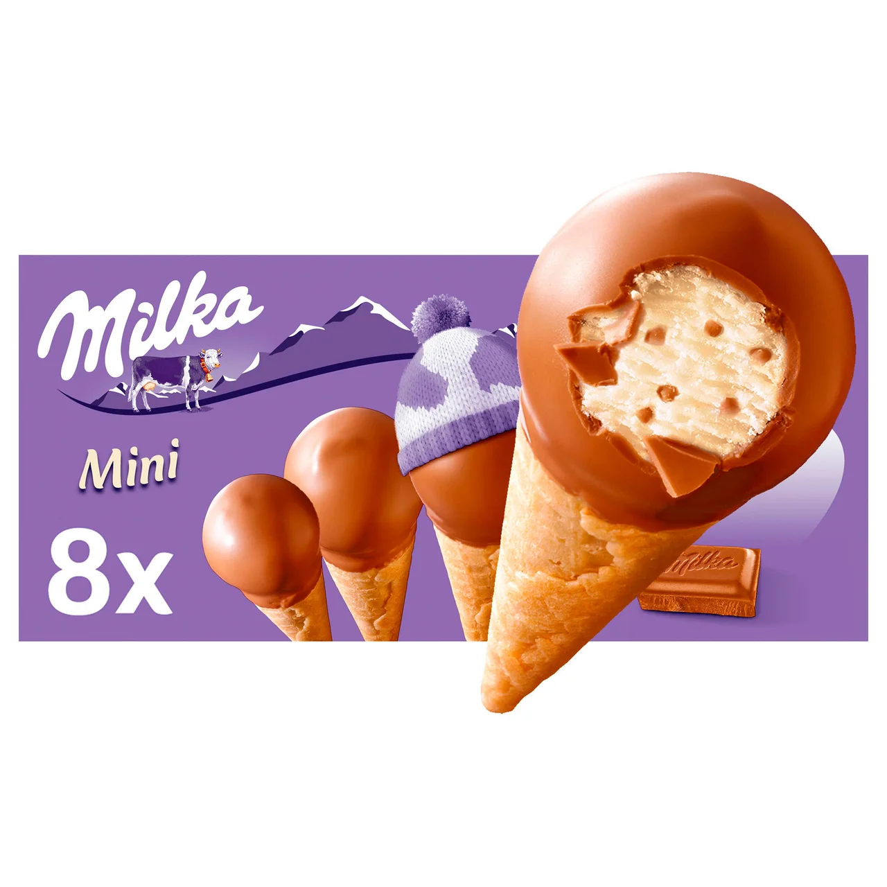 Mini conos de vainilla con trocitos de chocolate con leche y recubiertos de chocolate 8 x 25 ml.