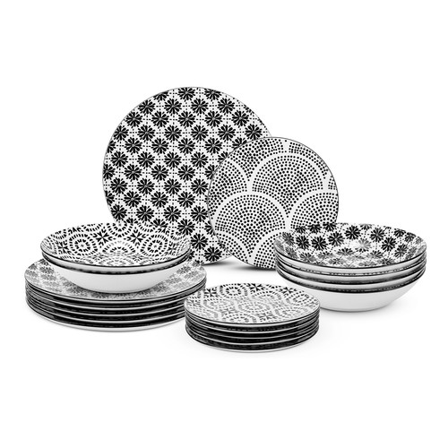 Vajilla de porcelana 18 piezas con decorado geométrico color negro