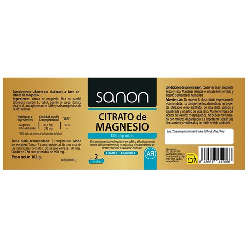 SANON Citrato de magnesio (complemento alimenticio) 180 comprimidos.