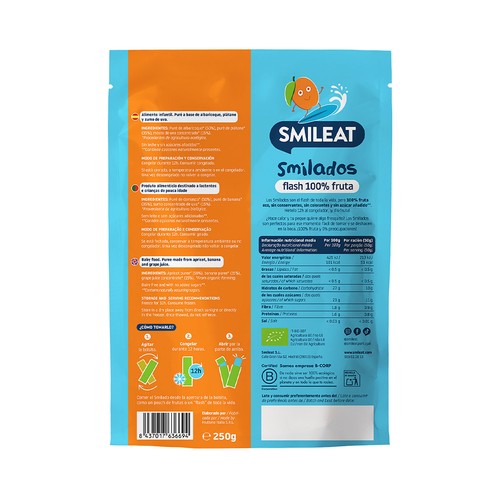 SMILEAT Flash 100% de fruta ecológica (albaricoque y plátano), sin azúcares añadidos, a partir de 6 meses 5 x 50 g.