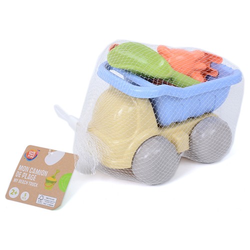 Camión de playa 27cm con pala, rastrillo y moldes,  ONE TWO FUN.