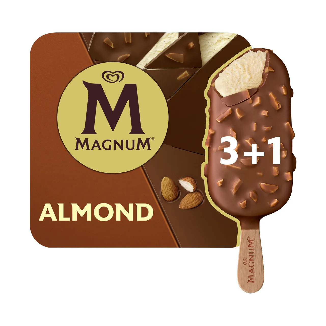 Helado de vainilla recubierto de chocolate con leche y almendras 4 x 110 ml.