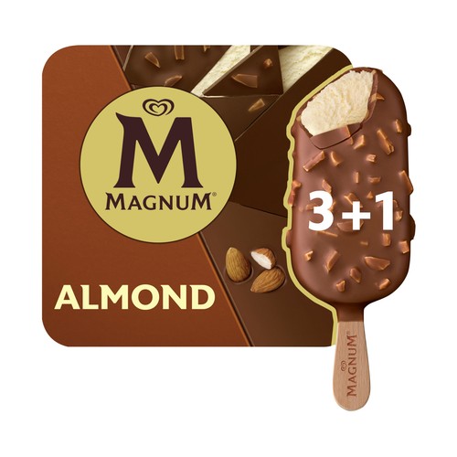 MAGNUM Helado de vainilla recubierto de chocolate con leche y almendras 4 x 110 ml.