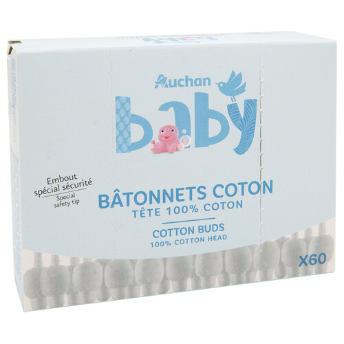 PRODUCTO ALCAMPO Baby Bastoncillos de algodón con palo de papel y punta especial de seguridad 60 uds.