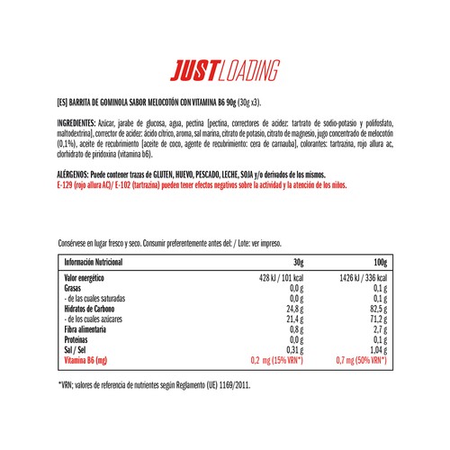 JUSTLOADING Barrita gummy de melocotón 3 x 30 g.