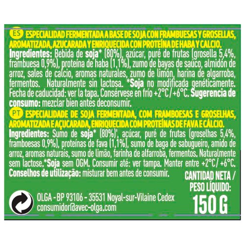SOJASUN + Proteína Especialidad de soja 100% vegetal, con frambuesas y grosellas, con alto contenido en proteínas 150 g.