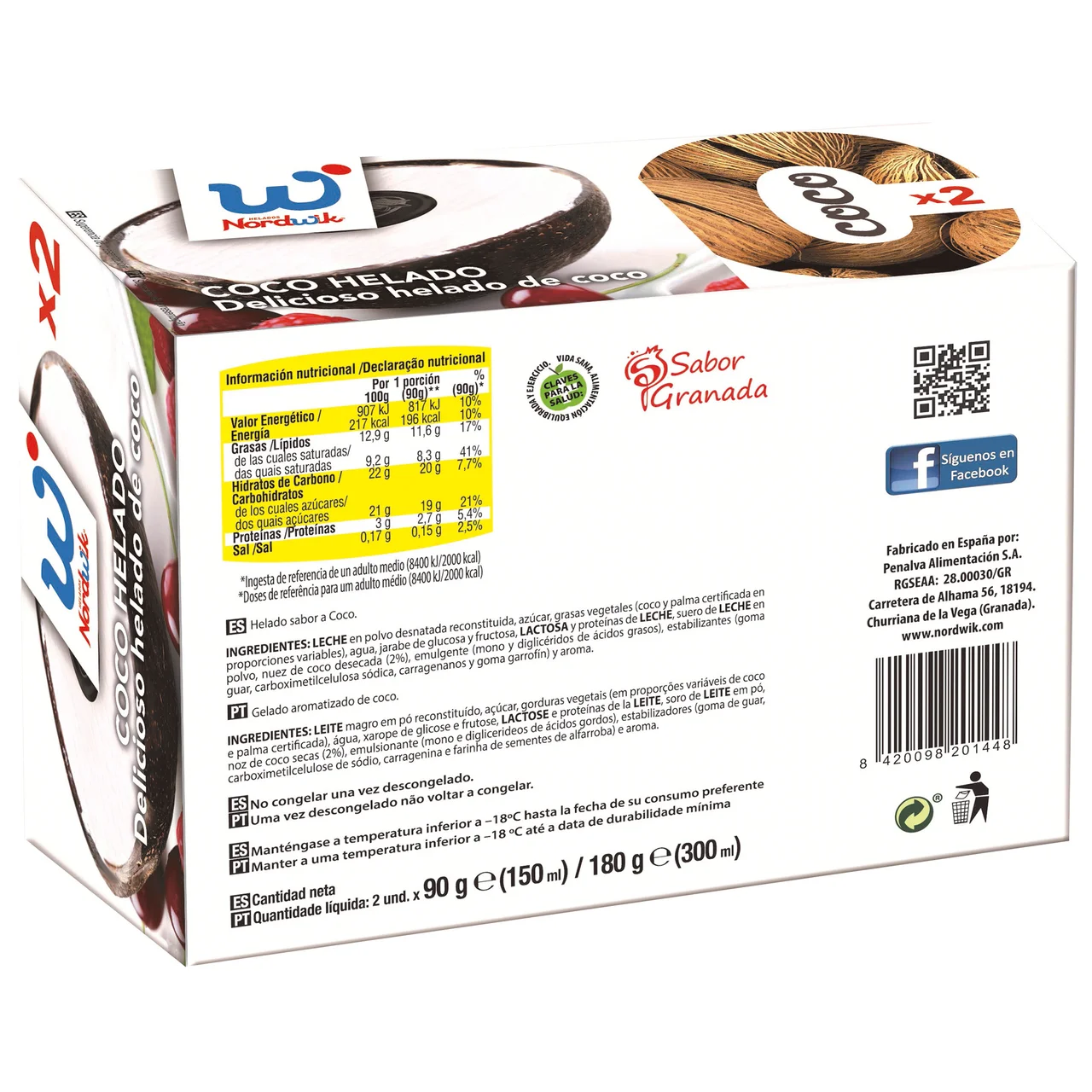 Coco relleno de delicioso helado con sabor a coco 2 x 150 ml.
