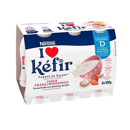 NESTLÉ Kefir líquido sabor a fresa, elaborado con fermentos lácteos y levaduras 6 x 100 g.