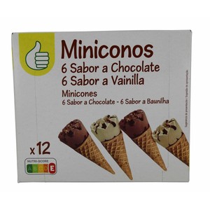 Producto Económico Alcampo Mini Conos de Helado de Chocoloate (6) y Vainilla (6) Producto Económico Alcampo 12 X 28 Ml. 360 ML