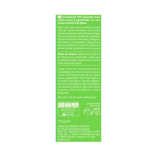 WELEDA Skin food light Crema nutrición intensa de textura ligera, para cara y cuerpo, ideal para pieles secas 75 ml.
