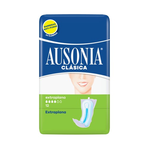 AUSONIA Compresas higiénicas extraplanas sin alas, en bolsitas individuales AUSONIA Clásica 12 uds.