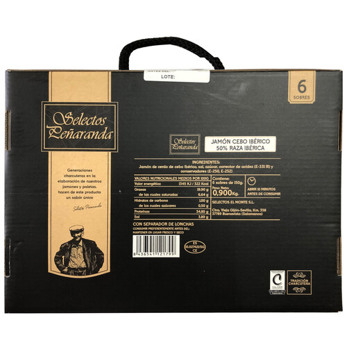 SELECTOS PEÑARANDA Maletín con 6 sobres de 150 g. de jamón de cebo ibérico (50% raza ibérica), cortado en lonchas con separador SELECTOS PEÑARANDA 900 G.
