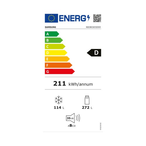Frigorífico combi 203cm SAMSUNG RB38C655DS9/EF Inox, con dispensador, NO FROST, clasificación energética: D, H: 203cm, A: 65,8cm, F: 59,5cm, capacidad total: 386L.