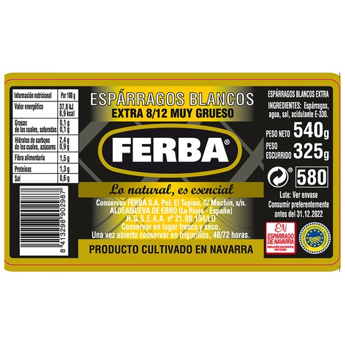 FERBA Espárragos blancos extra 8/12 pzs muy gruesos 540 g.
