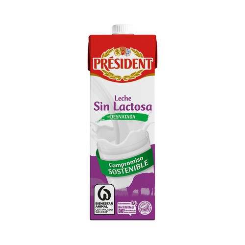 PRESIDENT Leche de vaca desnatada y sin lactosa de origen 100% española  1 l.