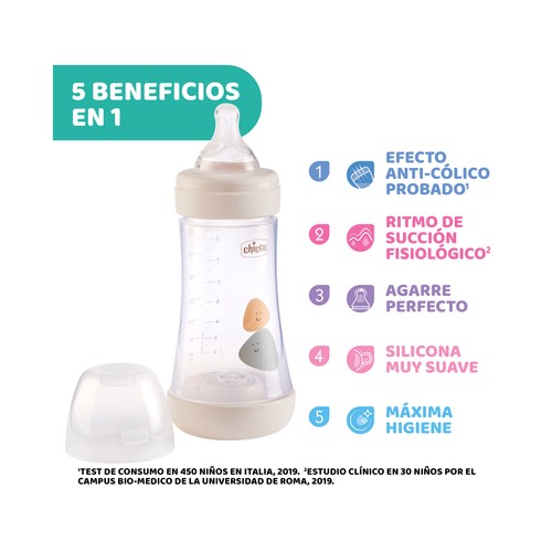 CHICCO Biberón de 240 ml con tetina de silicona, flujo medio y sistema anticólicos, a partir de 2 meses CHICCO Perfect 5.