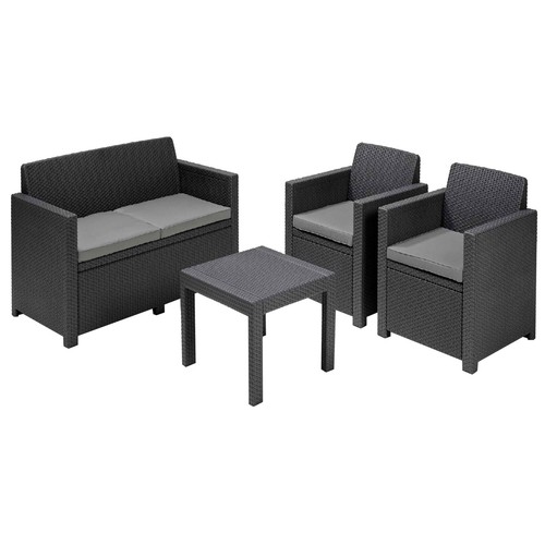Conjunto jardín 4 piezas con sofá 2 plazas, 2 sillones y 1 mesa de resina, color negro, incluye cojines, Alabama ALLIBERT.