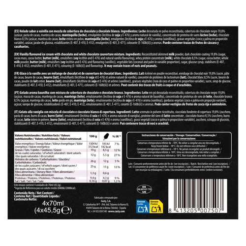 CASTY + Proteína Helado de vainilla con alto contenido en proteínas y cobertura de chocolate 4 x 70 ml.