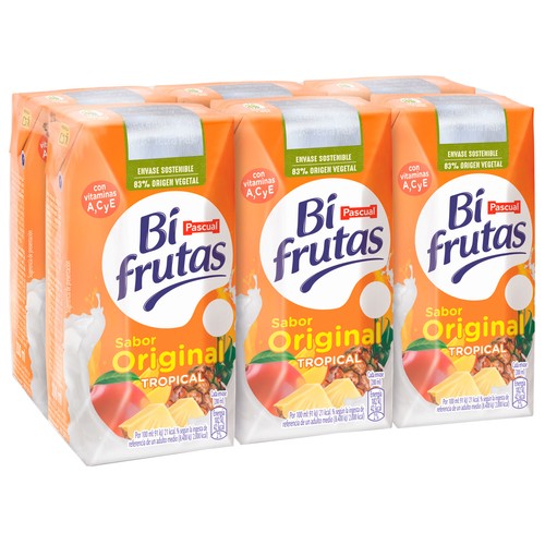 BIFRUTAS Leche con zumo de frutas tropicales y vitaminas A, C y E 6 x 200 ml.