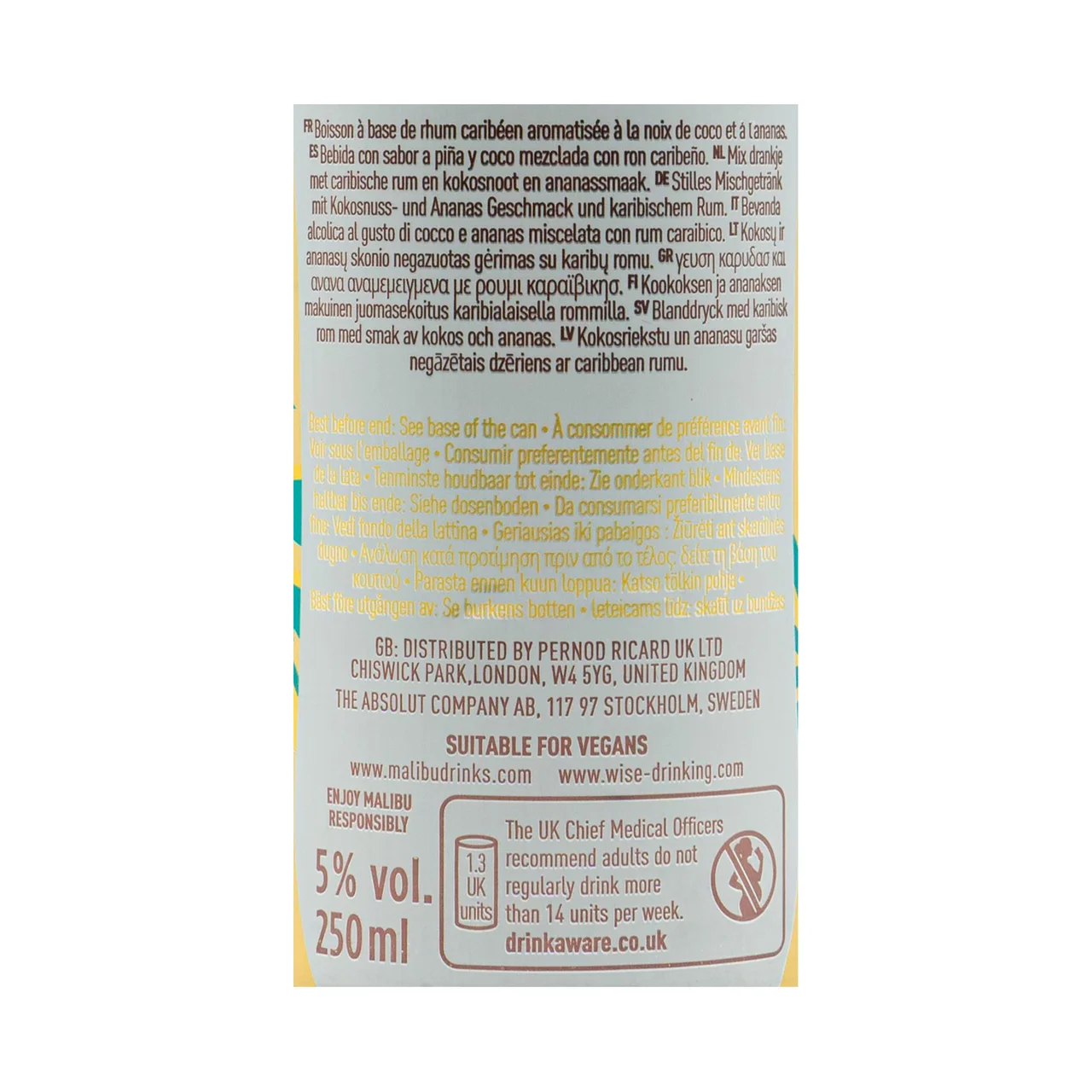 Combinado de ron blanco caribeño con un toque de coco y piña (Piña colada) lata 25 cl.